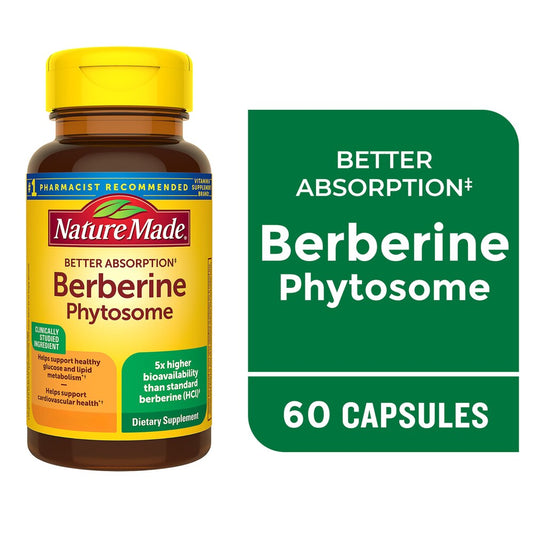 Bottle of NM Berberine Phytosom CP 550mg dietary supplements in a container with label showing the product name and dosage.