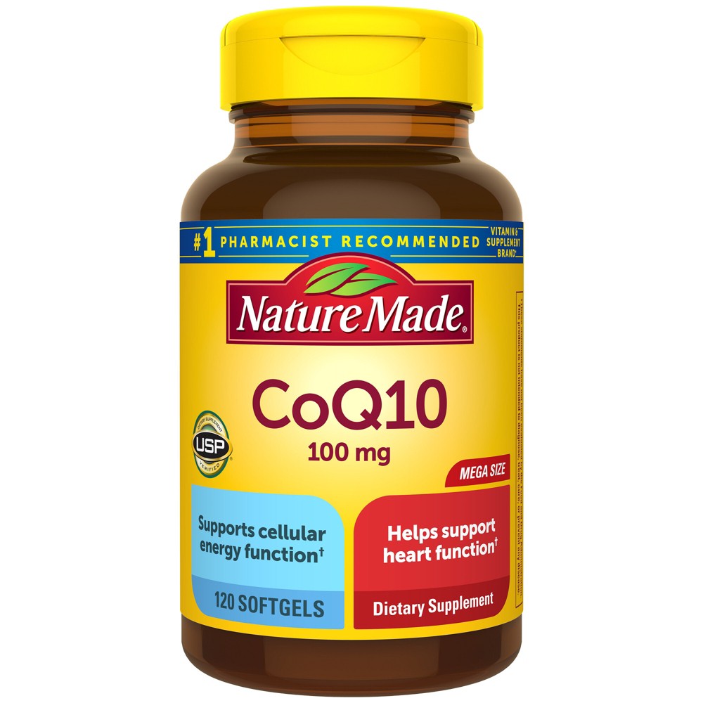 Bottle of NM CoQ10 Gc 100mg supplements by Pasteur Pharmacy, with 120 softgel capsules, featuring label details visible.