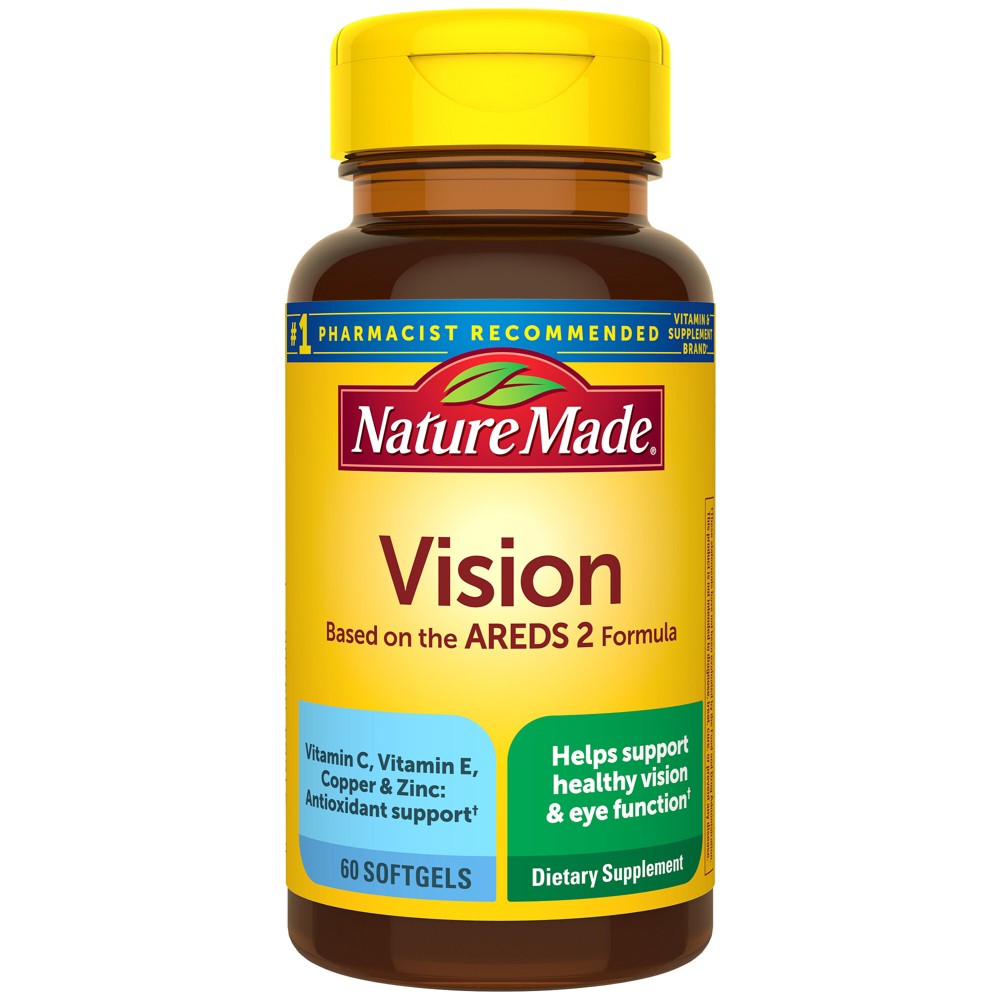 Bottle of NM Vision Areds 2 formula vitamins and supplements in a clear container with a label, designed for eye health.