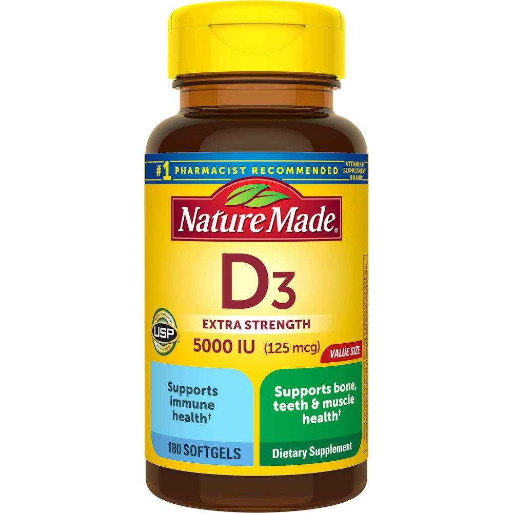 Bottle of NM Vitamin D3 Es Gc 125 mcg dietary supplement capsules from Pasteur Pharmacy, showing label and capsules inside.