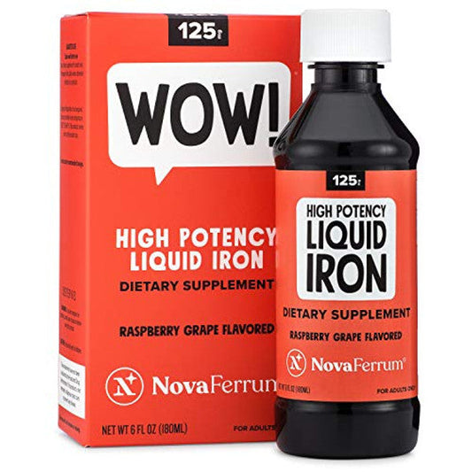 NovaFerrum 125 high potency liquid iron supplement for adults in a 6 fl oz bottle, shown with the product label.