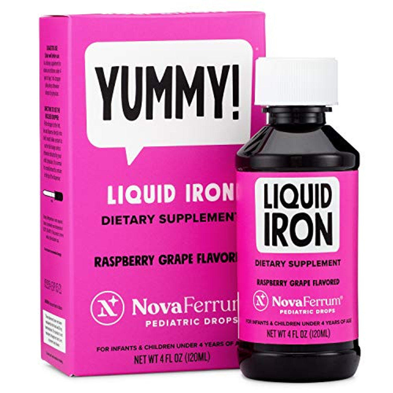 NovaFerrum Pediatric Drops liquid iron supplement in raspberry grape flavor, bottle with dropper and colorful label.