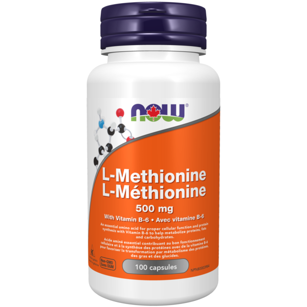 NOW Foods L-Methionine Powder in 500g container, USP grade, dietary supplement for health and amino acid support.