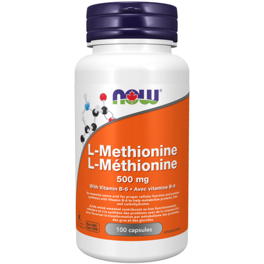 NOW Foods L-Methionine Powder in 500g container, USP grade, dietary supplement for health and amino acid support.