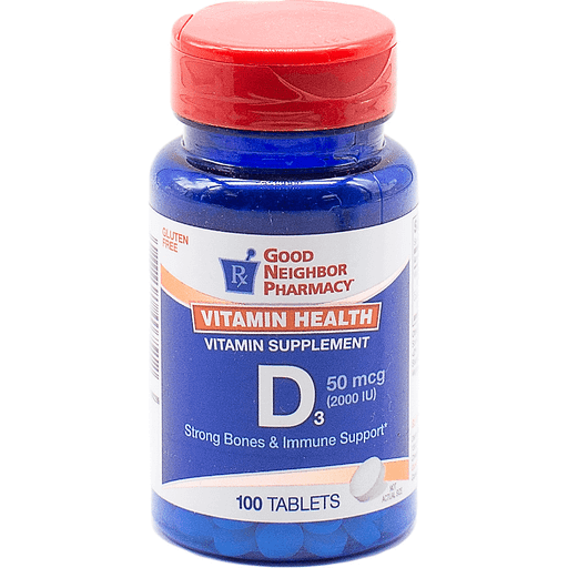 NPG Good Neighbor Pharmacy Vitamin D 2000 IU supplement in a bottle of 100 tablets, from Pasteur Pharmacy, for immune support.