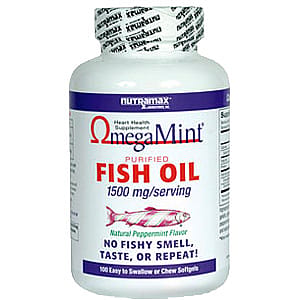 Nutramax OmegaMint natural peppermint flavored vitamins and supplements bottle with label and cap, designed for omega-3 support.