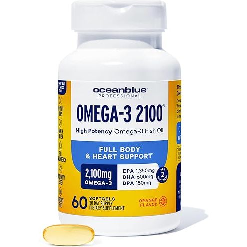 Ocean Blue Professional 2100 Omega-3 Minis fish oil capsules with orange flavor, dietary supplement in a bottle.