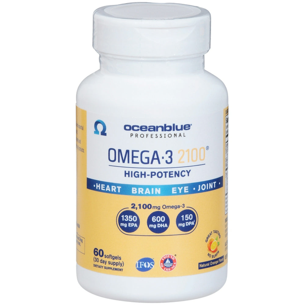 Oceanblue Natural Orange Omega-3 2100 softgels in a bottle, dietary supplement for heart and brain health.