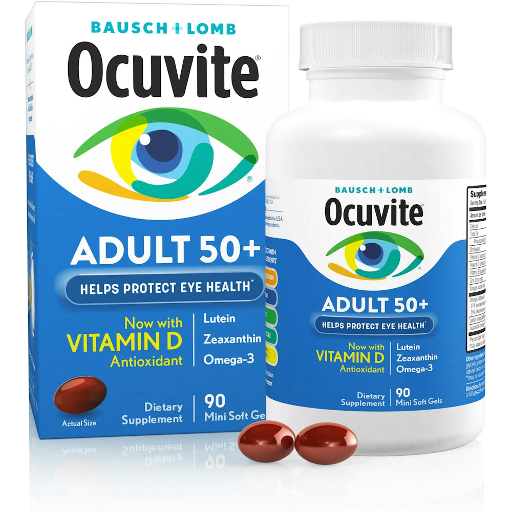 Bottle of Ocuvite Adult 50+ eye health vitamins and supplements with 90 softgels, designed to support eye health for seniors.