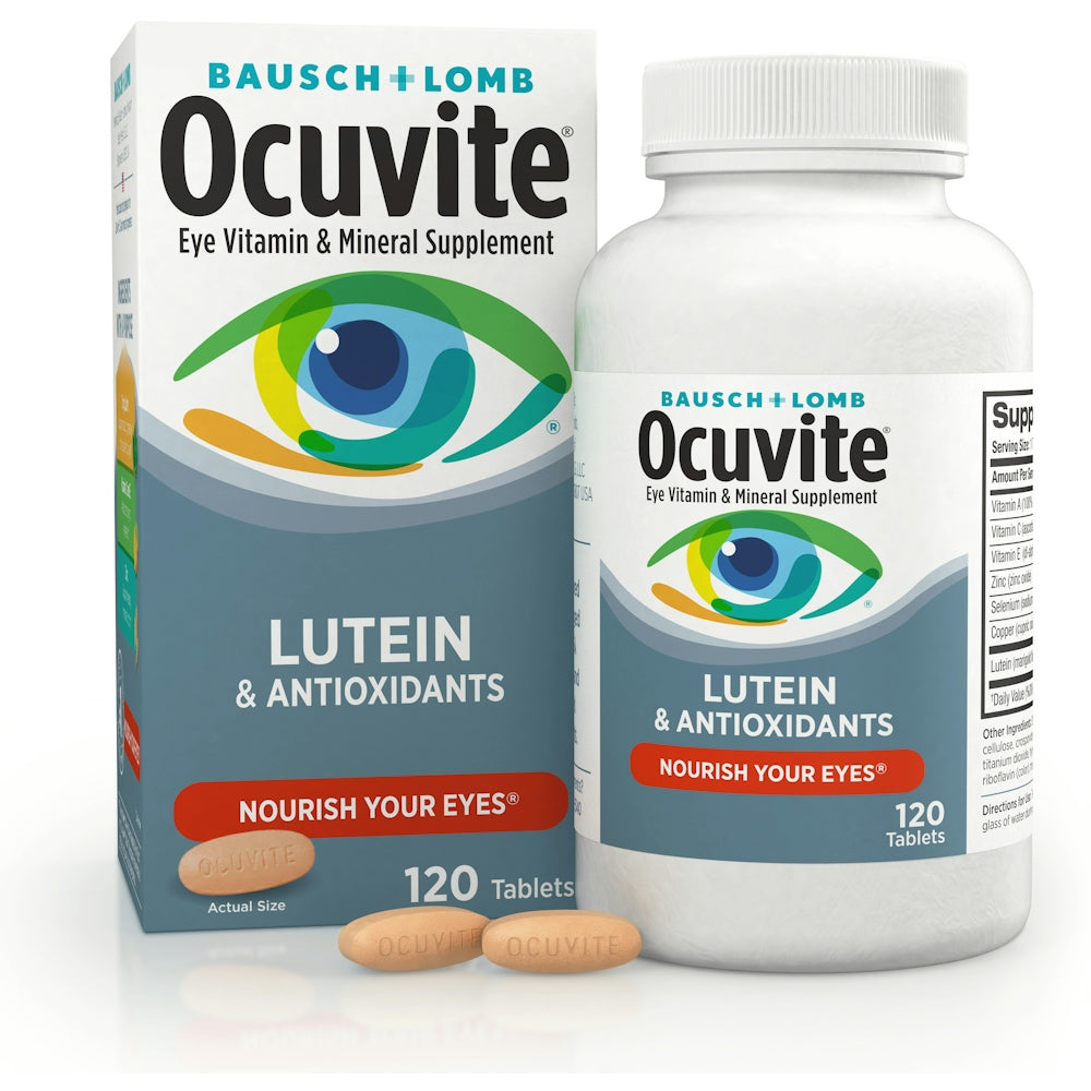 Ocuvite Eye Health Formula with Lutein supplement bottles, daily vitamins and minerals for eye support, 120 count bottle from Pasteur Pharmacy