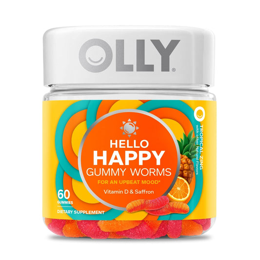 Olly Hello Happy Gummy Worms mood balance supplement with Vitamin D in tropical flavor, designed for vitamins and supplements.
