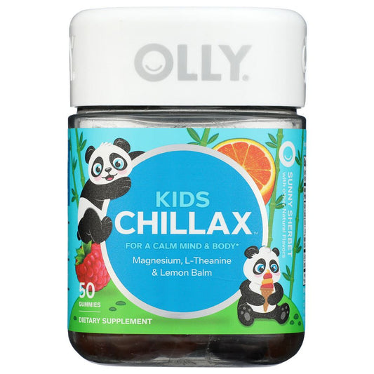 OLLY Kids Chillax supplement gummies in Sunny Sherbet flavor, 50-count bottle, natural vitamins and supplements for kids.