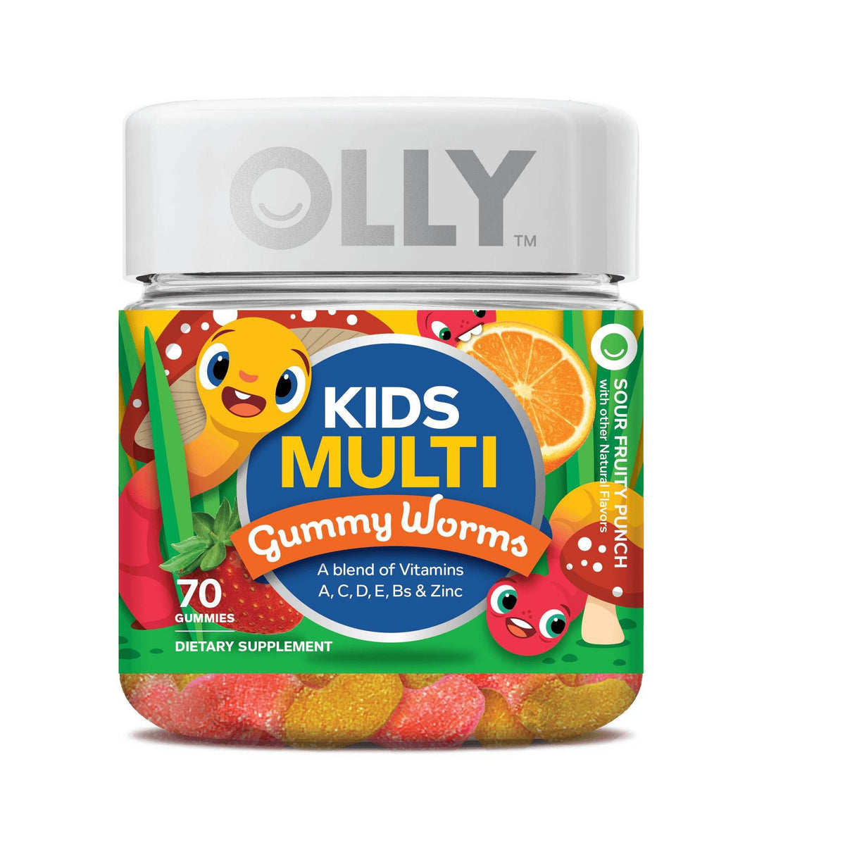 Olly Kids Sour Fruity Punch multivitamin gummy worms in a colorful container, designed for children's vitamins and supplements.