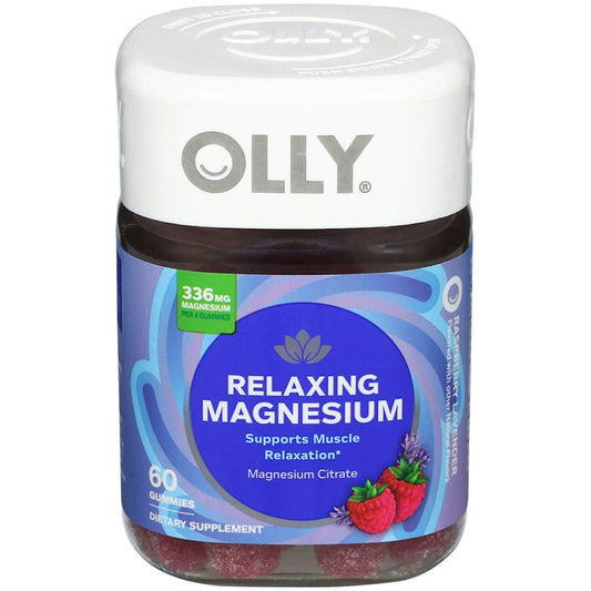 Olly Magnesium Citrate Relaxing Gummies in raspberry lavender flavor, showing the colorful bottle and gummies inside.