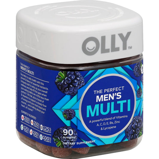 Olly Men's Multivitamin Gummies in Blackberry Blitz flavor, 90 count, vitamin and supplement bottle with colorful gummy vitamins inside.
