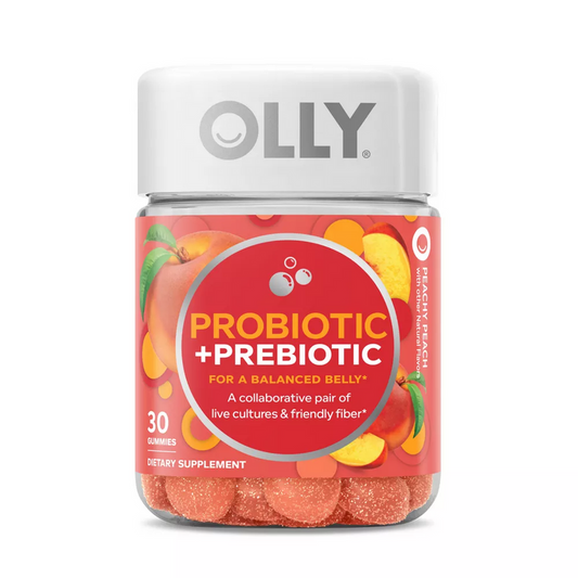 Olly Probiotic + Prebiotic Gummies in Peachy Peach flavor, vitamin supplement with colorful gummy vitamins on a white background.