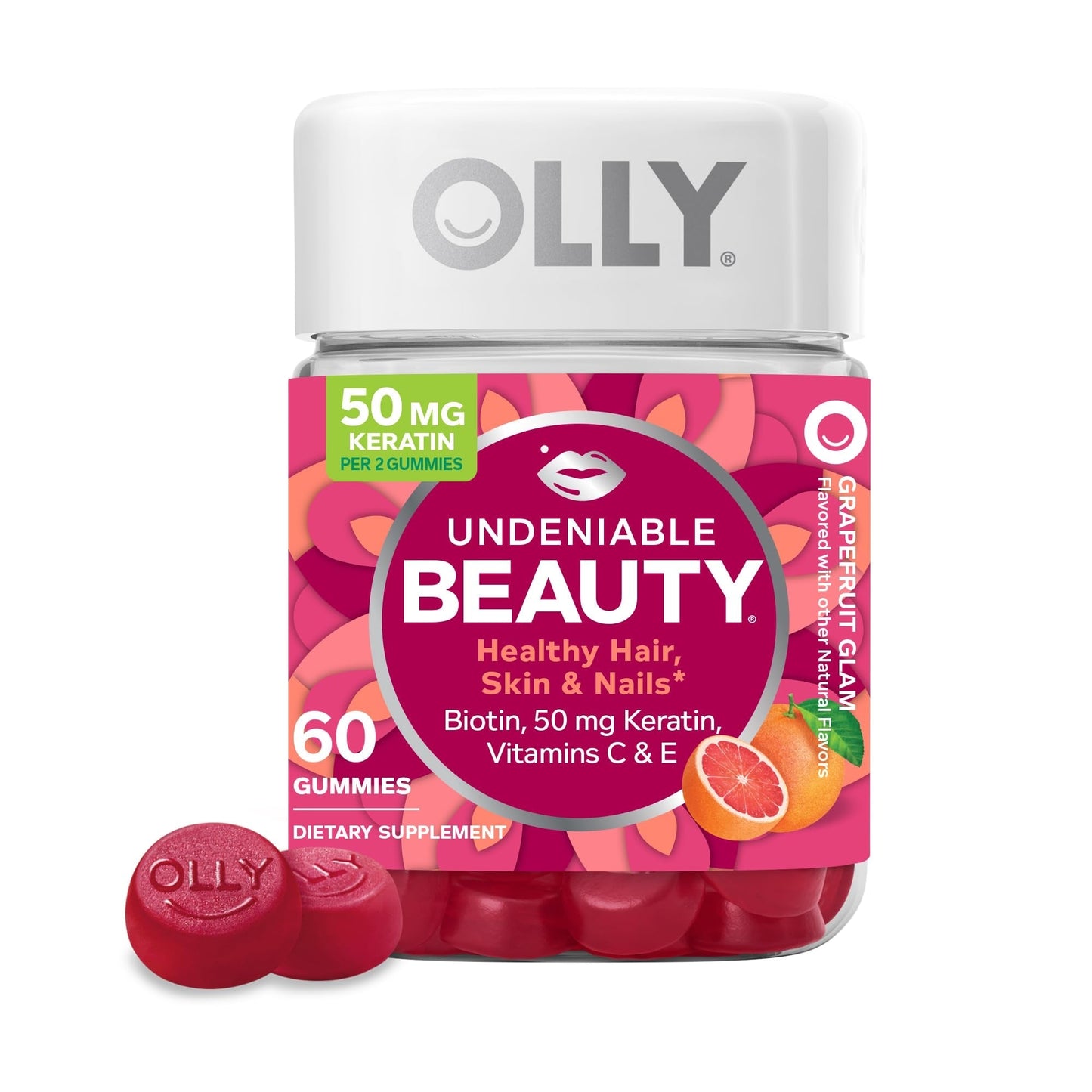 OLLY Undeniable Beauty Grapefruit Glam vitamins and supplements in a bottle of 60 gummies, natural skin and beauty support.