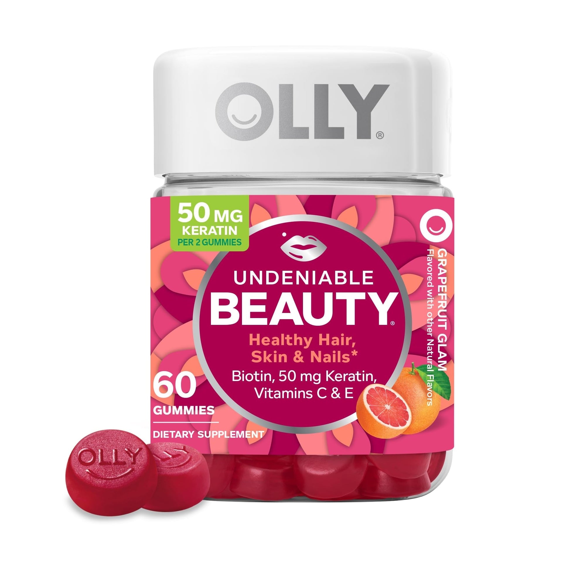 OLLY Undeniable Beauty Grapefruit Glam vitamins and supplements in a bottle of 60 gummies, natural skin and beauty support.