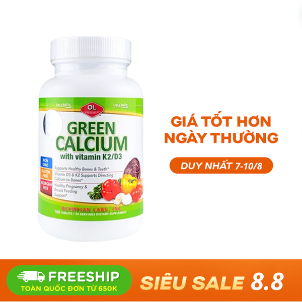 Olympian Labs Green Calcium organic calcium complex supplement in a bottle with 100 tablets, natural vitamins and dietary supplement.