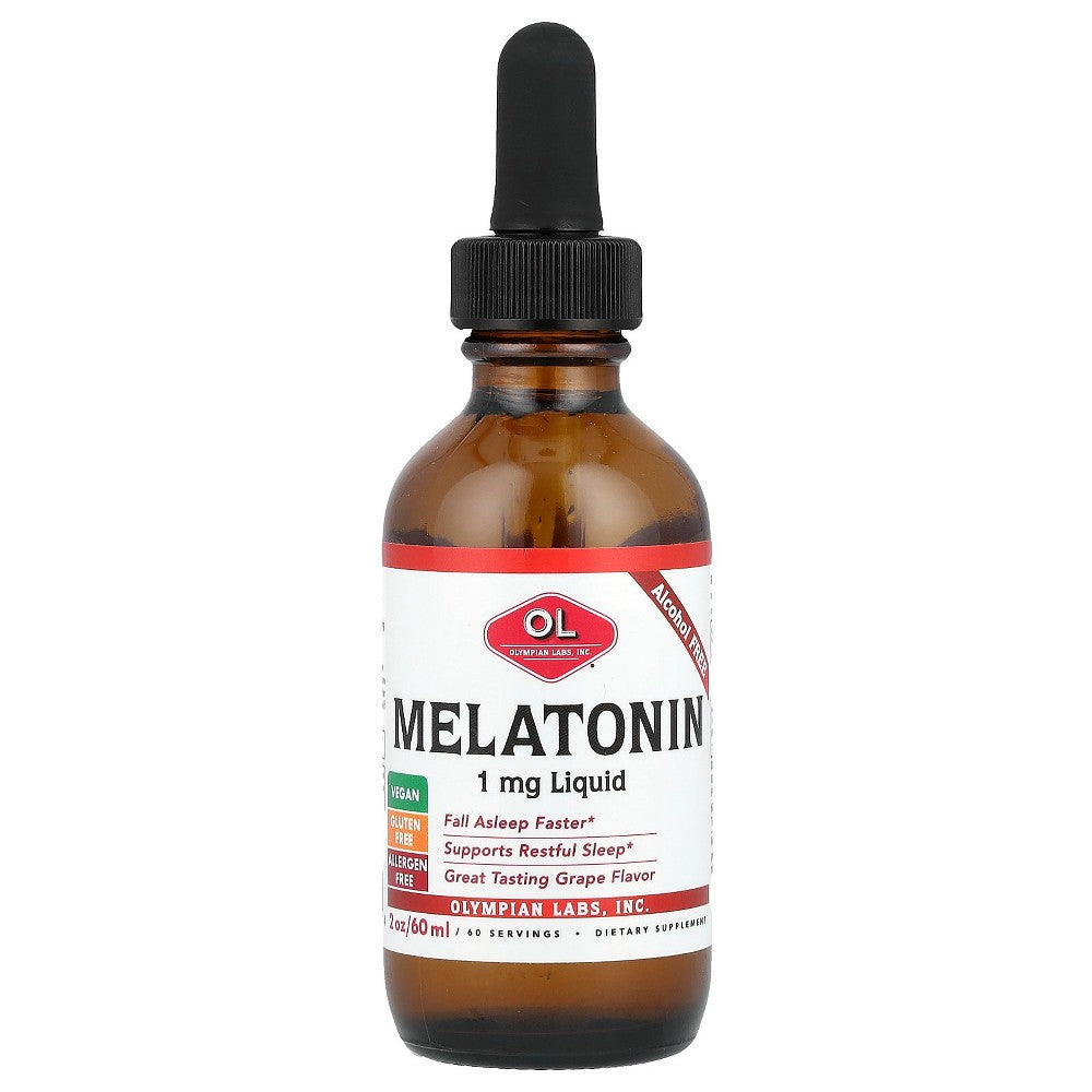 Olympian Labs Melatonin 1 mg liquid supplement in grape flavor, shown in a clear bottle with a dropper cap.