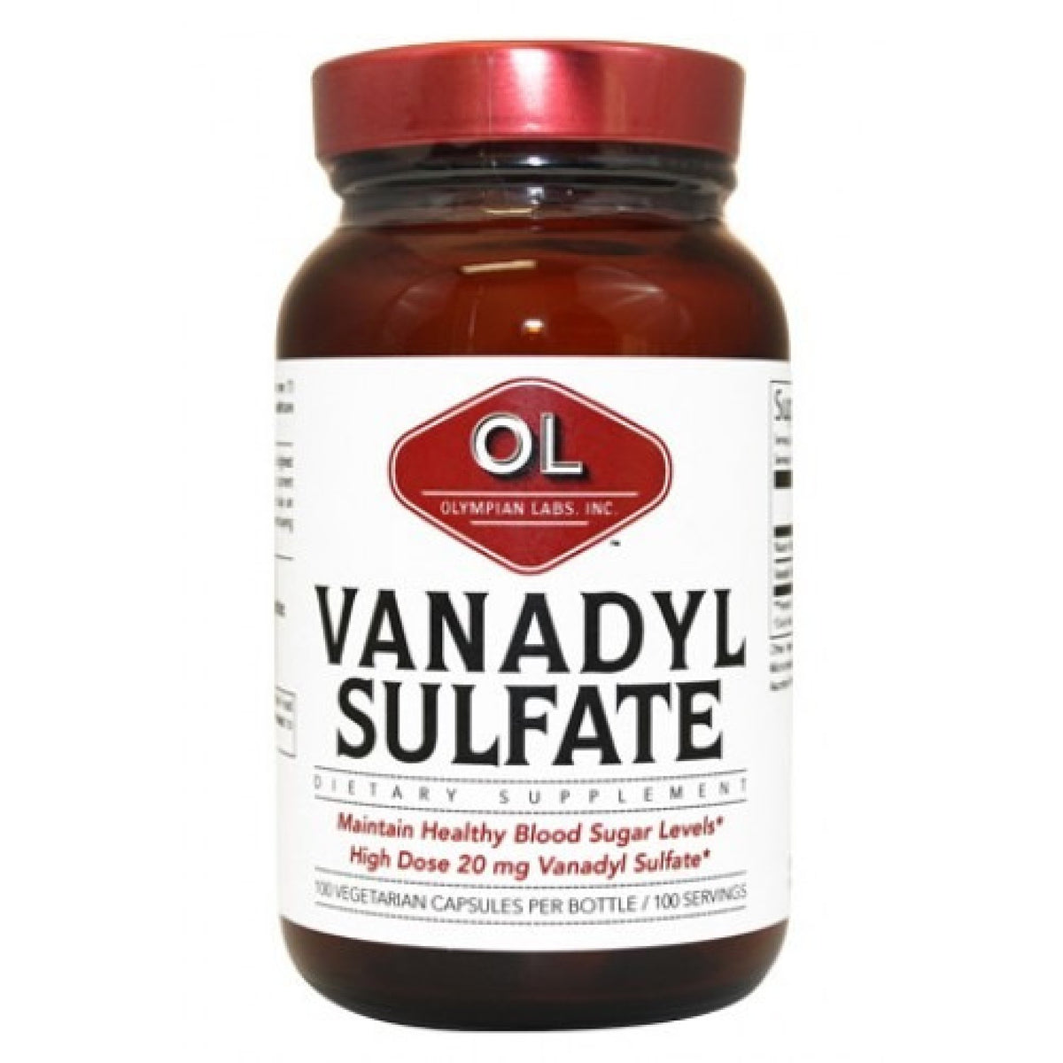 Olympian Labs Vanadyl Sulfate with Niacin 20 mg supplement in 100 capsules, dietary vitamins and minerals for health support