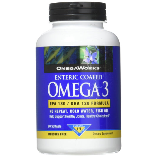 OmegaWorks Omega-3 enteric coated soft gels in a bottle, dietary supplement from Pasteur Pharmacy, 90 soft gels container.