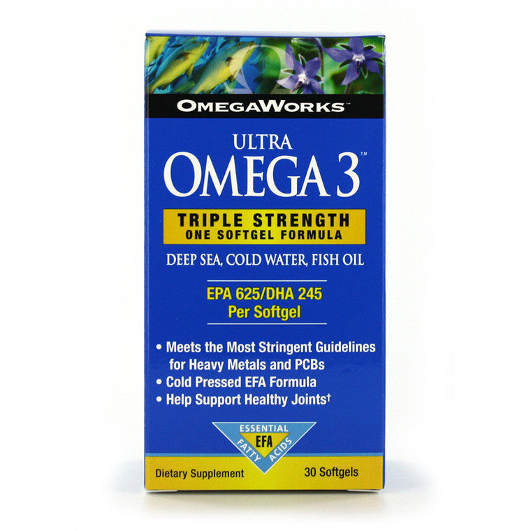 OmegaWorks Ultra 3 Triple Strength vitamins in a bottle of 30 softgels, dietary supplement from Pasteur Pharmacy.