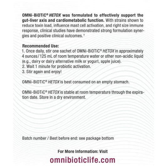 OMNi BiOTiC HETOX probiotic supplement bottle showing Bifidobacterium and Lactobacillus strains for gut and liver support.
