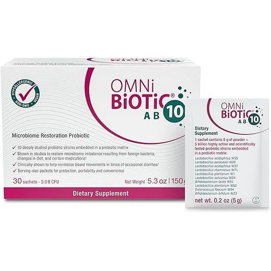 Pasteur Pharmacy OMNIBIOTIC AB 10 probiotic powder bottle, vitamins and supplements for digestive health.
