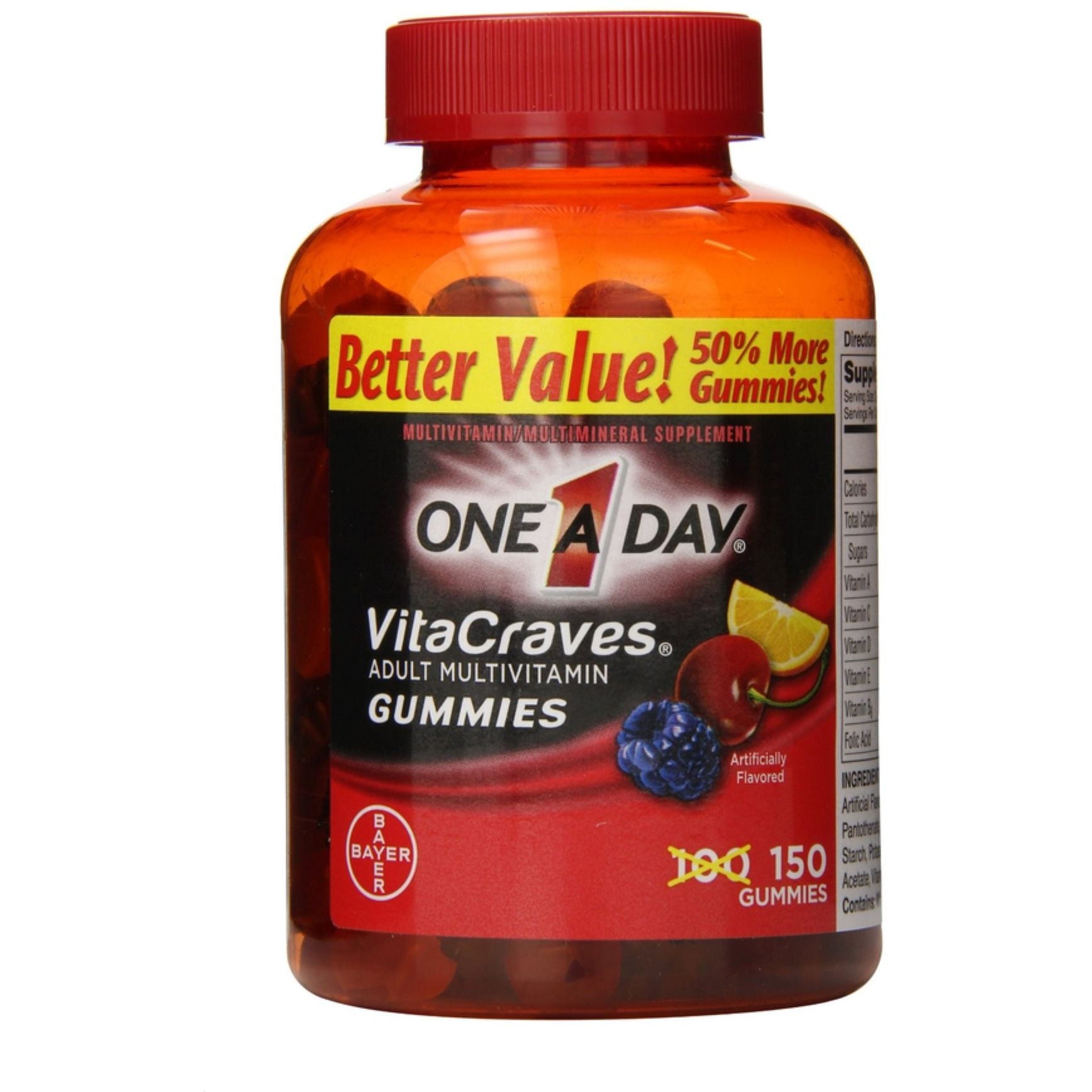 Bottle of One A Day Vitacraves Gummies adult multivitamin by Pasteur Pharmacy, featuring 150 chewable vitamin and supplement gummies.