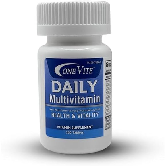 Bottle of Onevite Daily Multivitamin Tablets by Pasteur Pharmacy, containing 100 vitamin and supplement tablets.