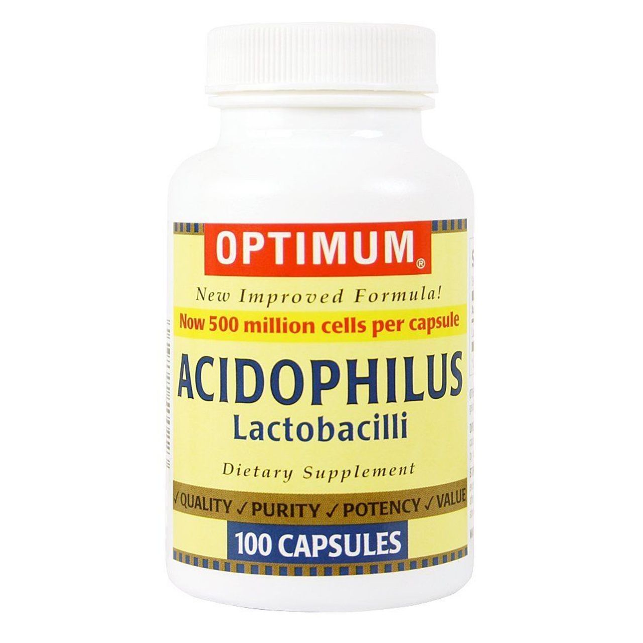 Optimum Acidophilus Lactobacilli capsules in a bottle, dietary supplement for digestive health, from Pasteur Pharmacy.