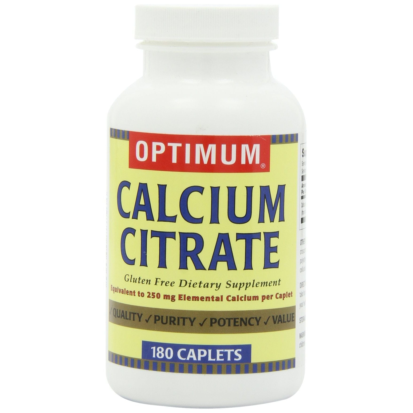 Optimum Calcium Citrate supplement in a bottle of 180 caplets, dietary vitamins and minerals from Pasteur Pharmacy.