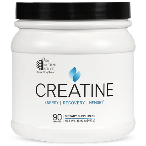 Ortho Molecular Products Creatine Powder in a container, 90 servings, dietary supplement for muscle support and athletic performance.