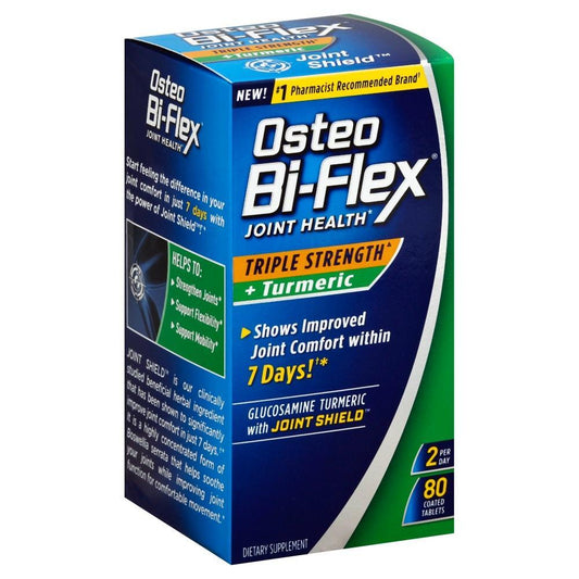 Osteo Bi-Flex Joint Health vitamins with triple strength turmeric, 80 coated tablets for joint support and overall mobility.