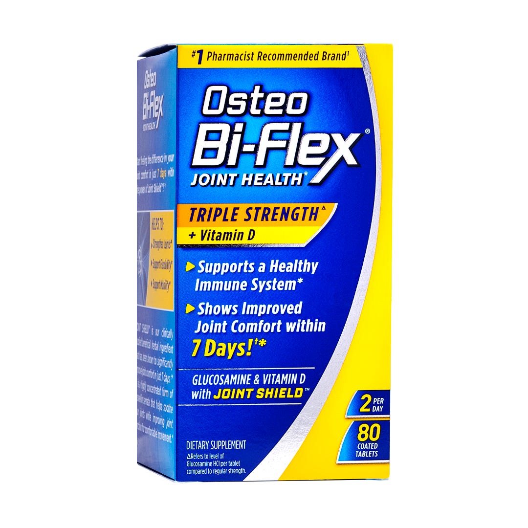 Osteo Bi-Flex Joint Health Triple Strength Vitamin D coated tablets dietary supplement, supplement bottles with tablets for joint support