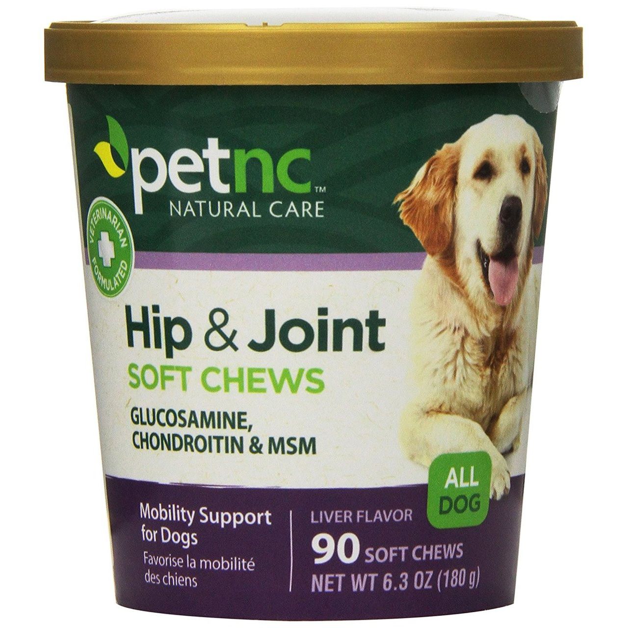 PetNC Natural Care Hip and Joint Soft Chews for dogs, vitamin and supplement treats with a white and green packaging design.