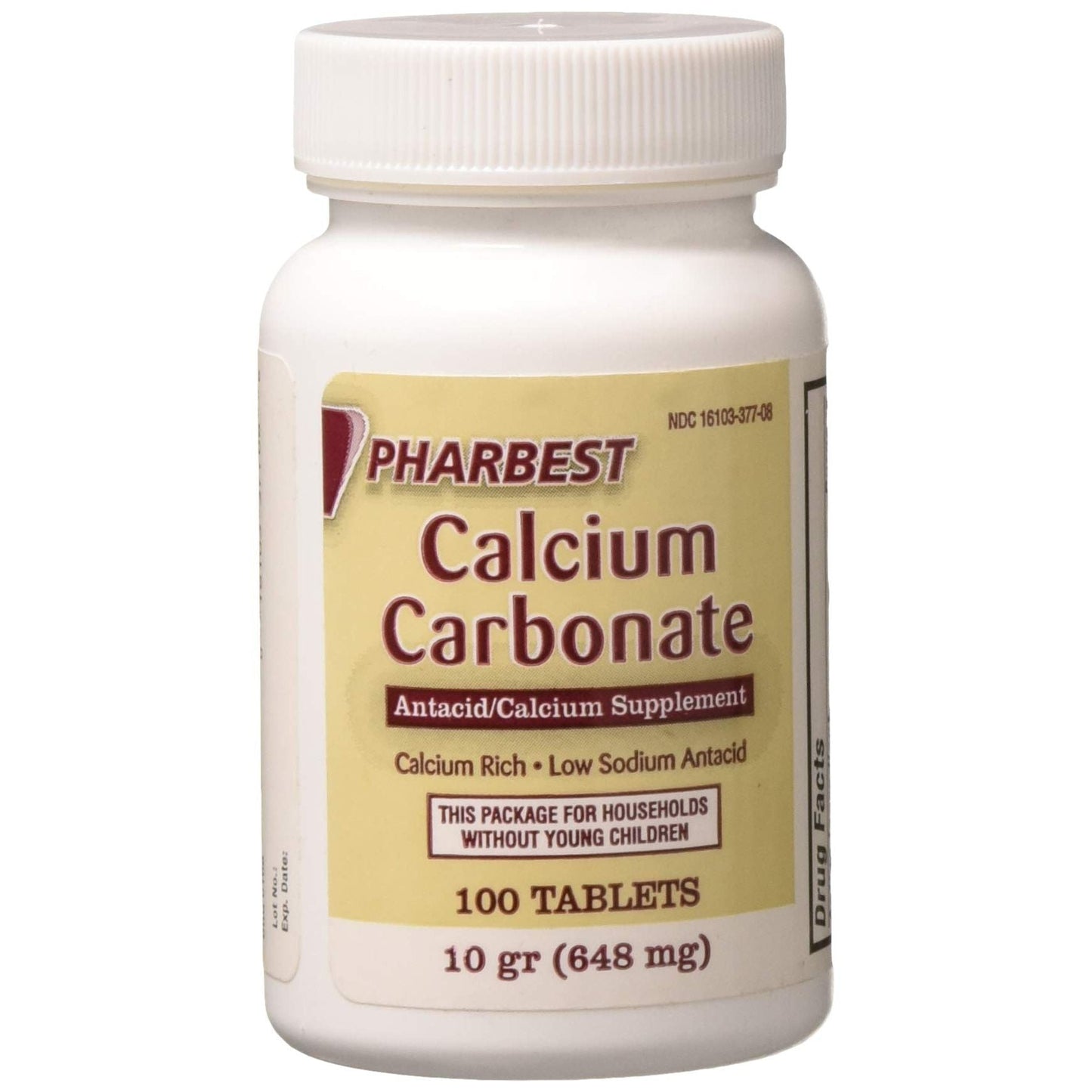 Pharbest Calcium Carbonate 648 mg antacid and calcium supplement bottle with 100 tablets in a pharmacy setting.
