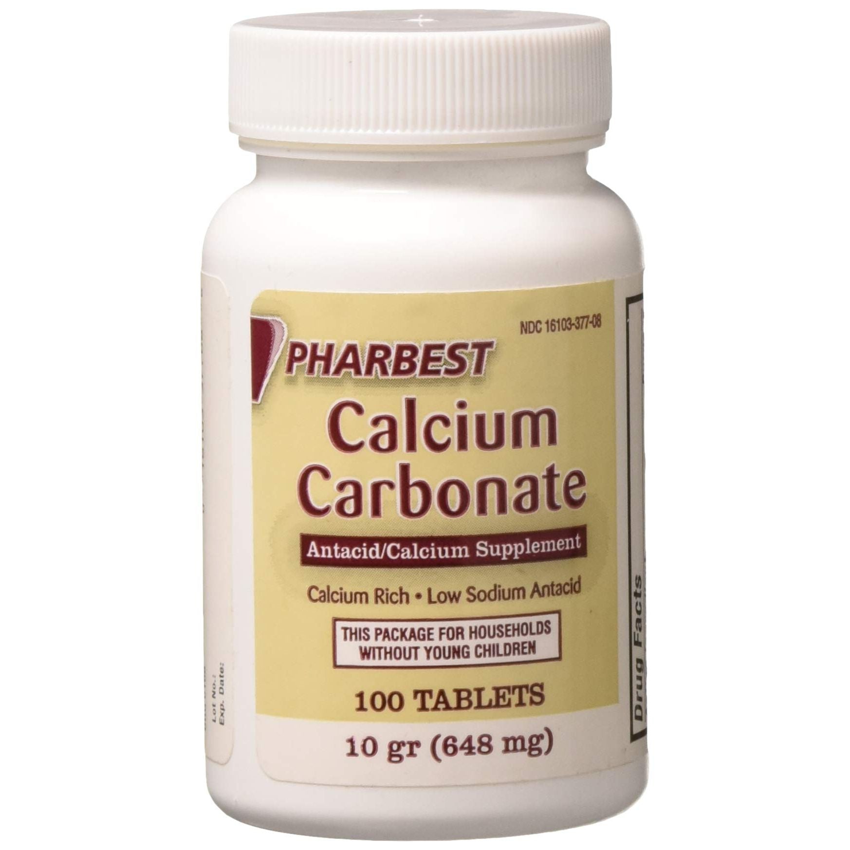 Pharbest Calcium Carbonate 648 mg antacid and calcium supplement bottle with 100 tablets in a pharmacy setting.