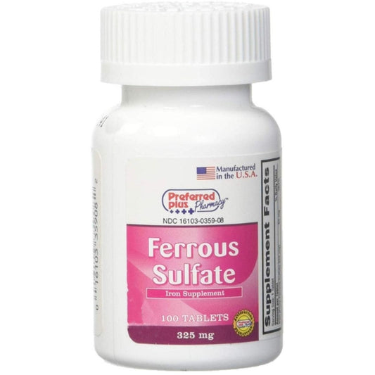Bottle of Preferred Plus Ferrous Sulfphate 325 mg iron tablets for iron supplement from Pasteur Pharmacy, with tablets visible.