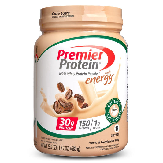 Premier Protein 100% Whey Powder in Café Latte flavor, 23.9 oz, dietary supplement with protein for muscle support.