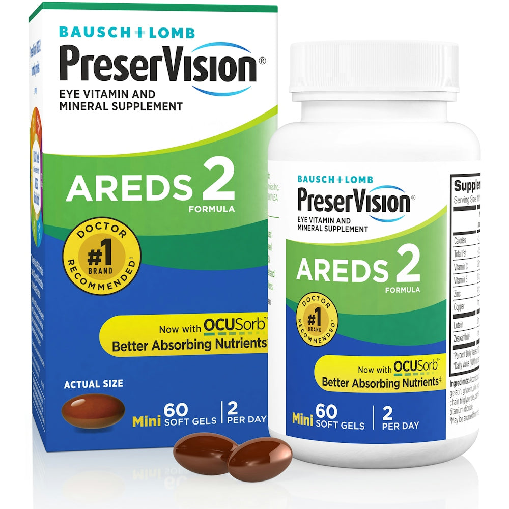PreserVision Areds 2 softgel vitamins and supplements for eye health, 60-count bottle.