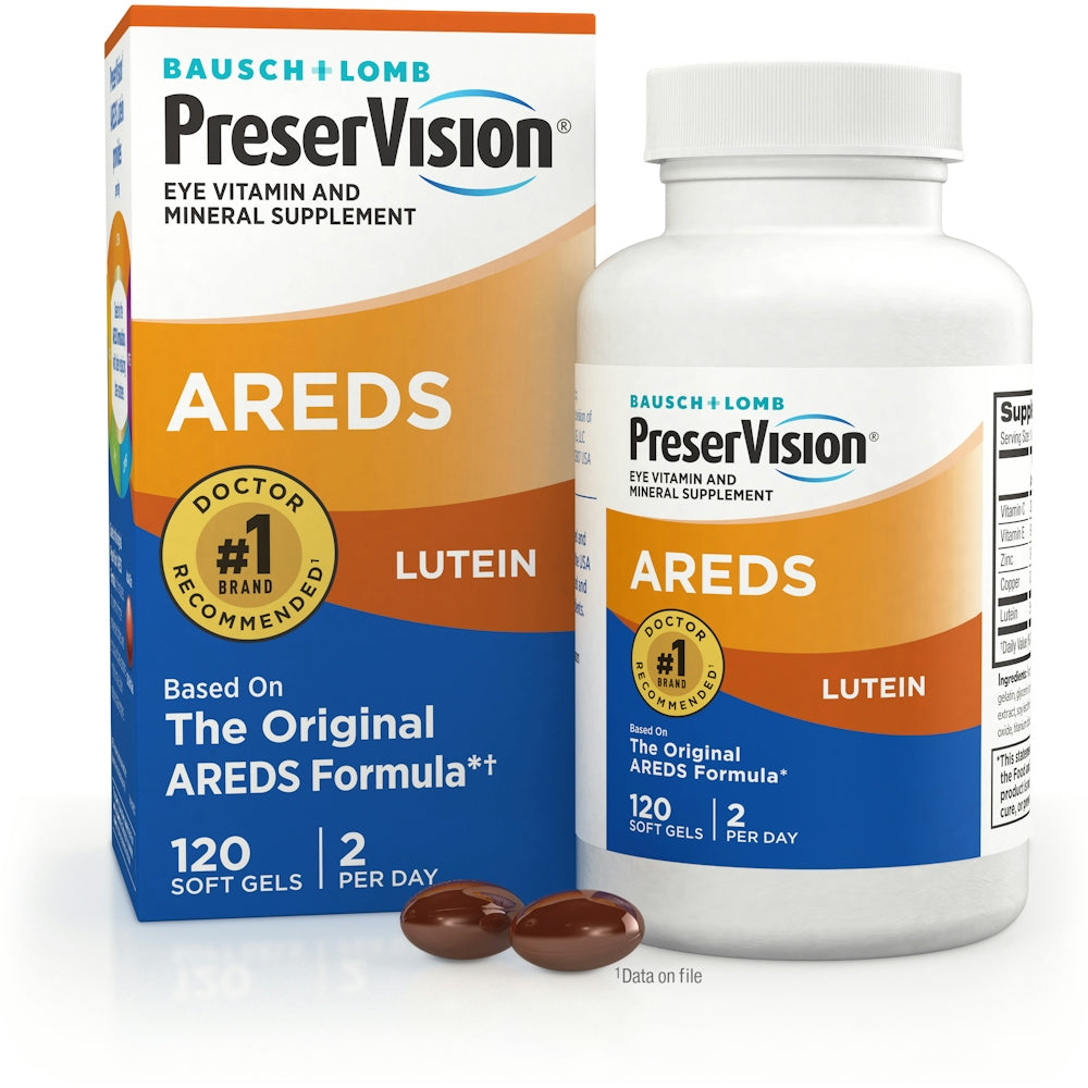 PreserVision Eye Vitamin and Mineral Supplement soft gels with lutein, designed to support eye health and vision.
