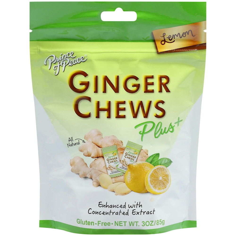 Prince of Peace Ginger Chews Plus Lemon from Pasteur Pharmacy, natural vitamin supplement with ginger and lemon flavor.