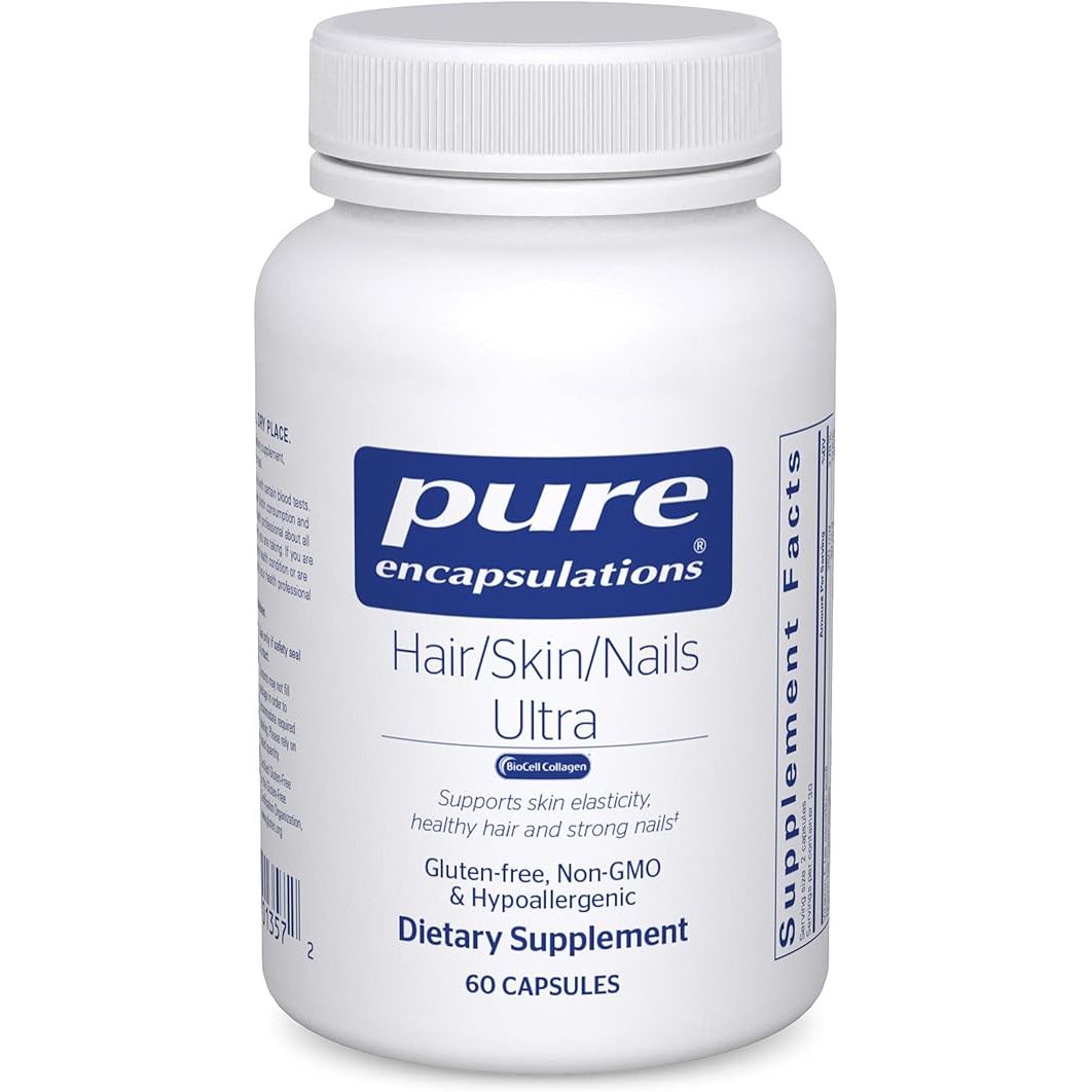Pure Encapsulations Hair, Skin, Nails Ultra supplement bottles with biotin and collagen capsules for beauty support.