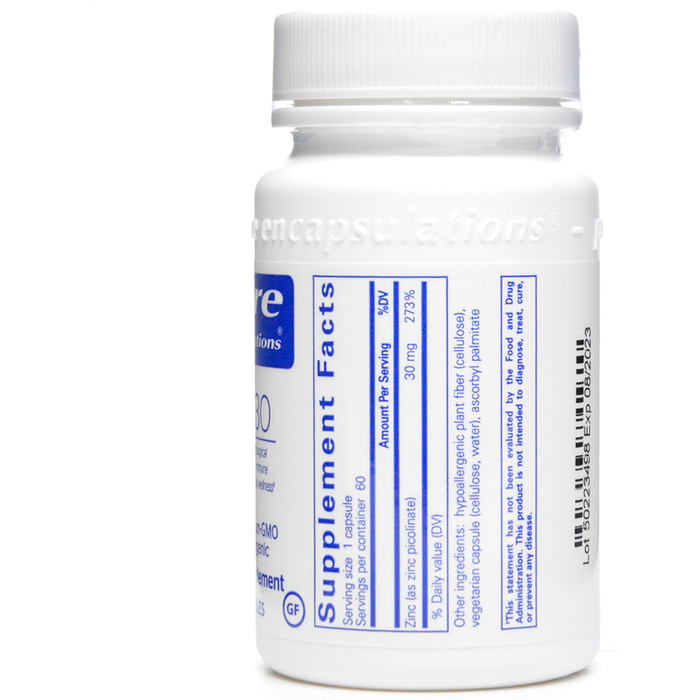 Pure Encapsulations Zinc 30 capsules bottle, dietary supplement for immune support, on a plain background.