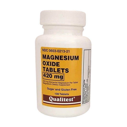 Qualitest Magnesium Oxide 420mg tablets from Pasteur Pharmacy, vitamin supplement bottle with 100 tablets on a white background.