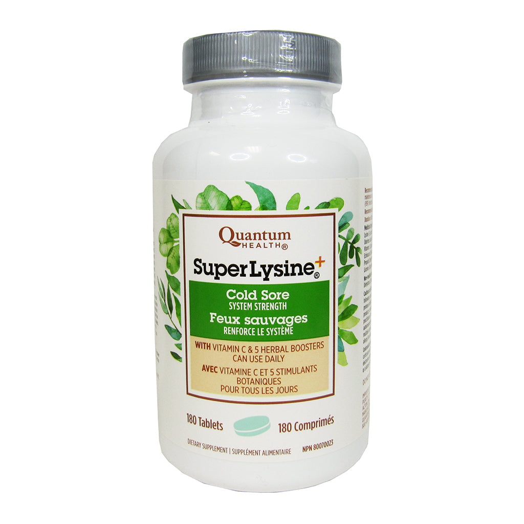 Quantum Health Super Lysine Plus immune system vitamins and supplements in a bottle of 180 tablets by Pasteur Pharmacy.