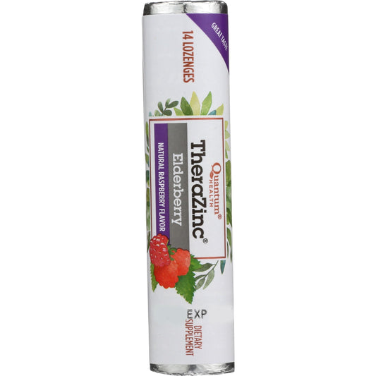 Quantum Health Thera Zinc Elderberry Lozenges in natural raspberry flavor, displayed in 12 packs, from Pasteur Pharmacy vitamins and supplements.