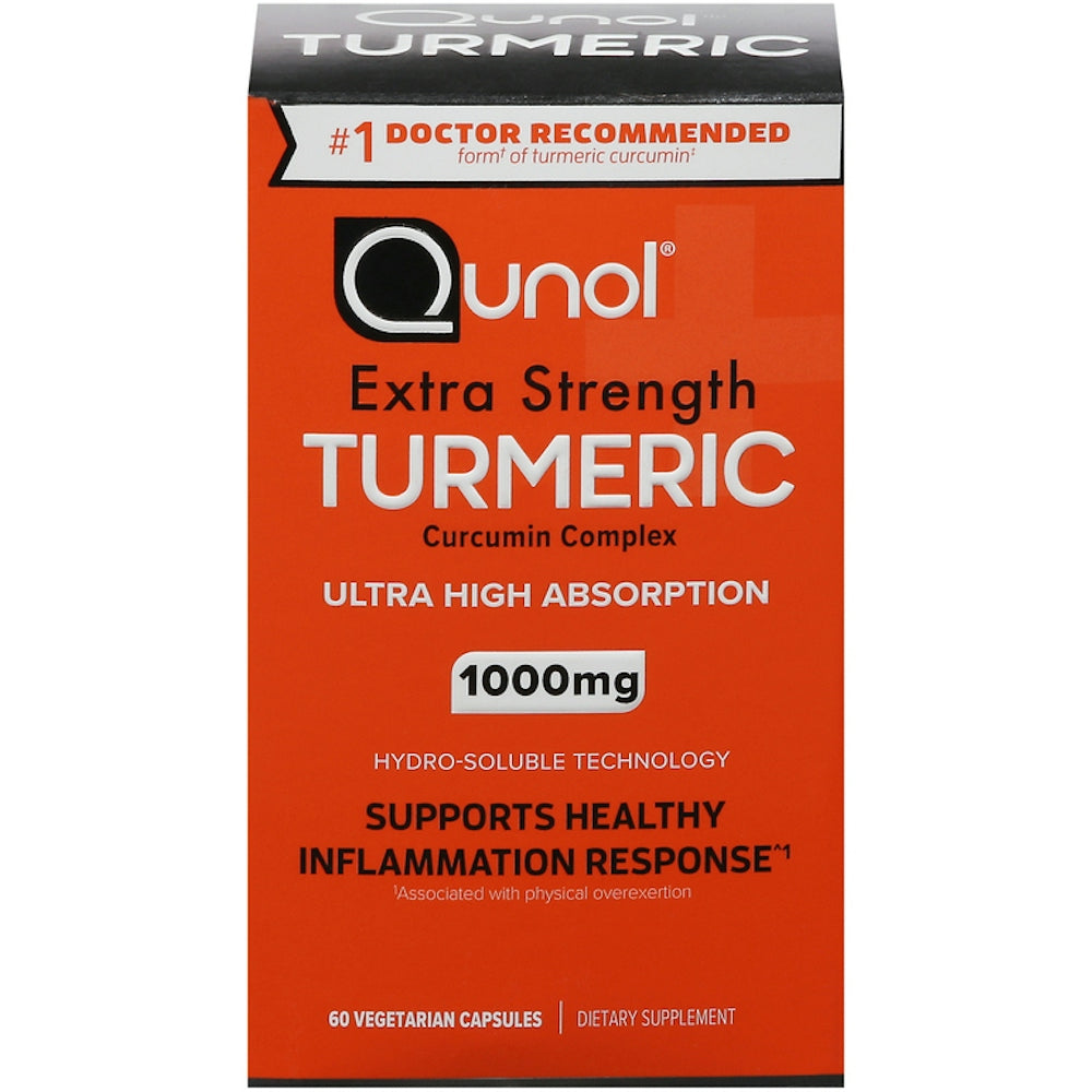 Qunol Extra Strength Turmeric 1000mg capsules in a bottle, dietary supplement for joint health and anti-inflammatory support.